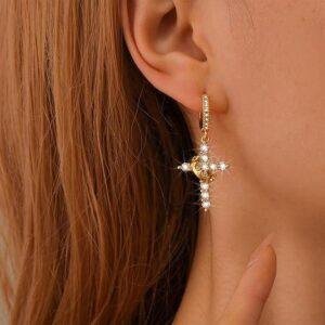 Rotating Crown Cross Earrings Set with Zircon