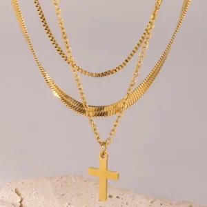18K Gold-Plated Three-Layered Cross Necklace