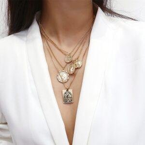 Vintage 4 Set Separable Chain Multi Layer Pendant Choker Necklaces Virgin Mary Jesus Cross Totem Square Jewelry Gift