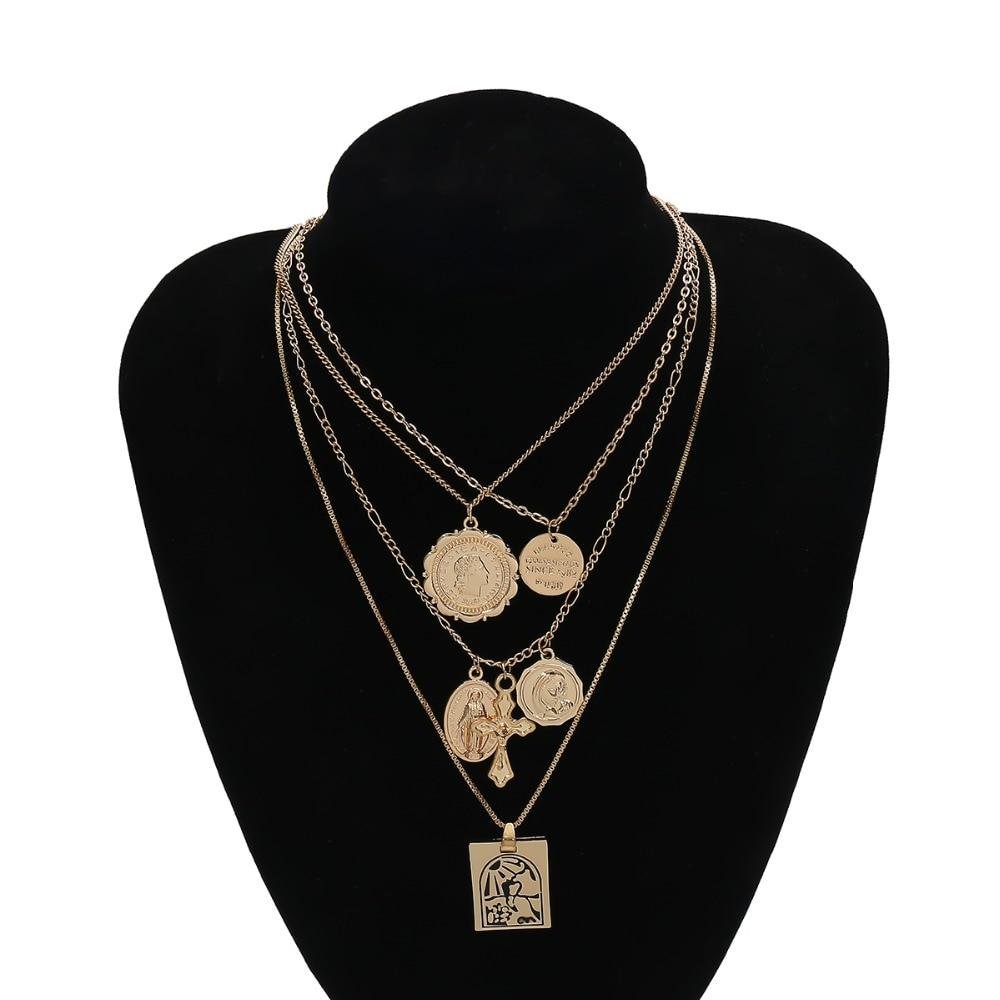 Vintage 4 Set Separable Chain Multi Layer Pendant Choker Necklaces Virgin Mary Jesus Cross Totem Square Jewelry Gift - Image 5