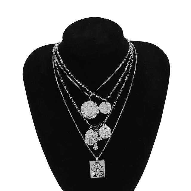 Vintage 4 Set Separable Chain Multi Layer Pendant Choker Necklaces Virgin Mary Jesus Cross Totem Square Jewelry Gift - Image 6