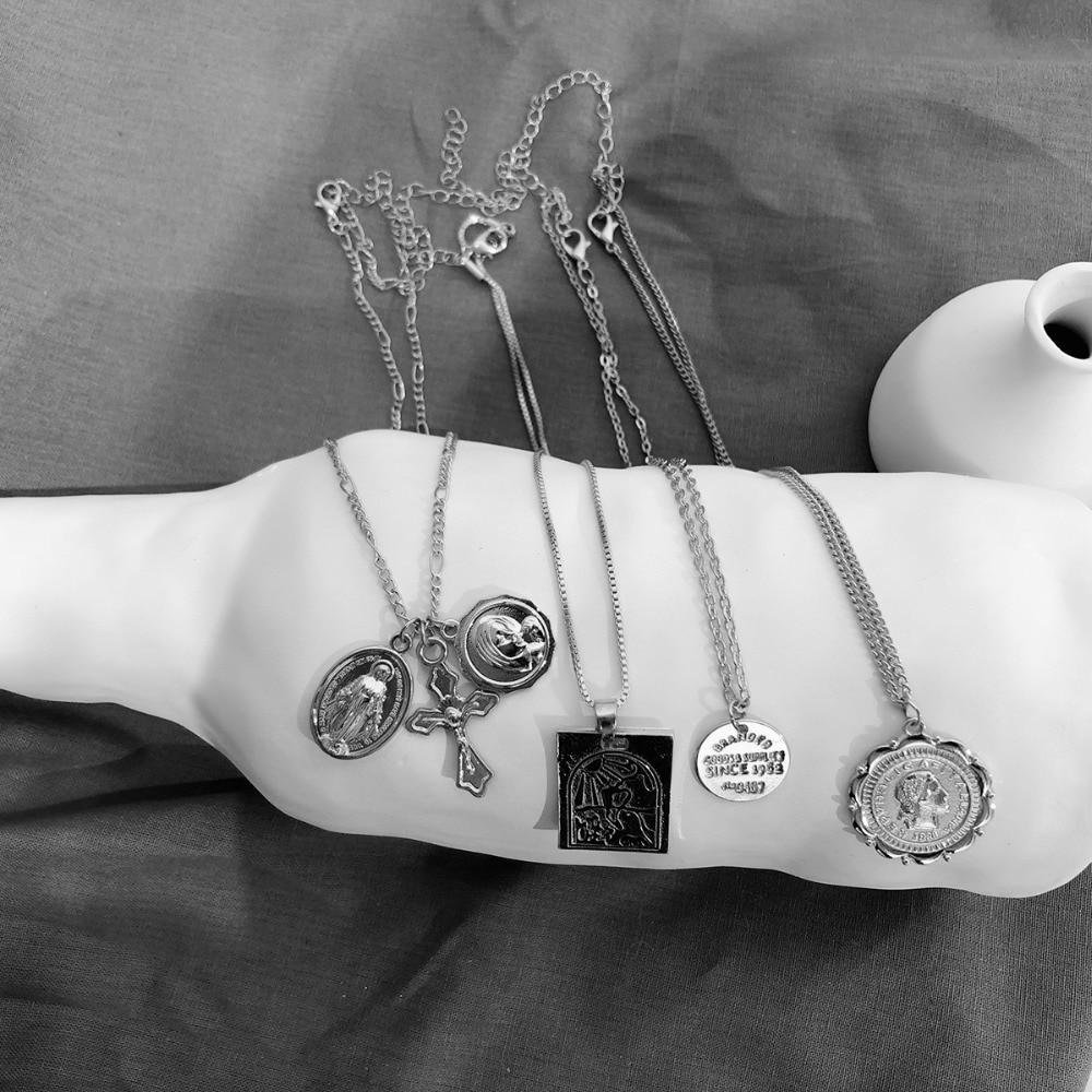 Vintage 4 Set Separable Chain Multi Layer Pendant Choker Necklaces Virgin Mary Jesus Cross Totem Square Jewelry Gift - Image 3