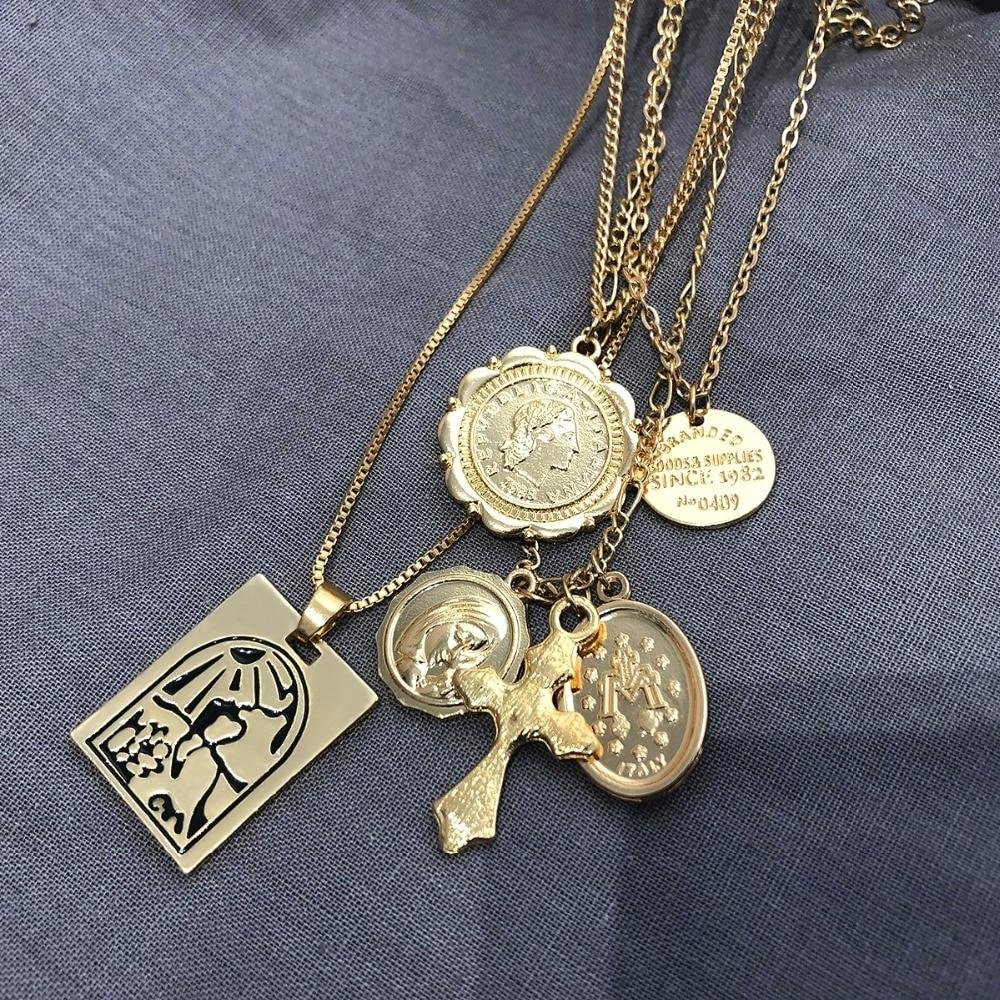 Vintage 4 Set Separable Chain Multi Layer Pendant Choker Necklaces Virgin Mary Jesus Cross Totem Square Jewelry Gift - Image 2